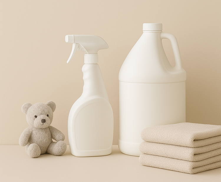 Neutral-toned image featuring a white disinfectant spray bottle, a large gallon jug, stacked beige towels, and a small plush teddy bear on a soft cream background, symbolizing safe and family-friendly cleaning.