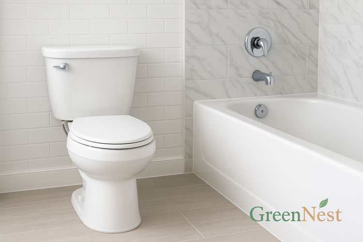 Modern eco-friendly bathroom featuring a clean white toilet and bathtub with chrome fixtures, subway tile walls, and GreenNest brand logo in the corner