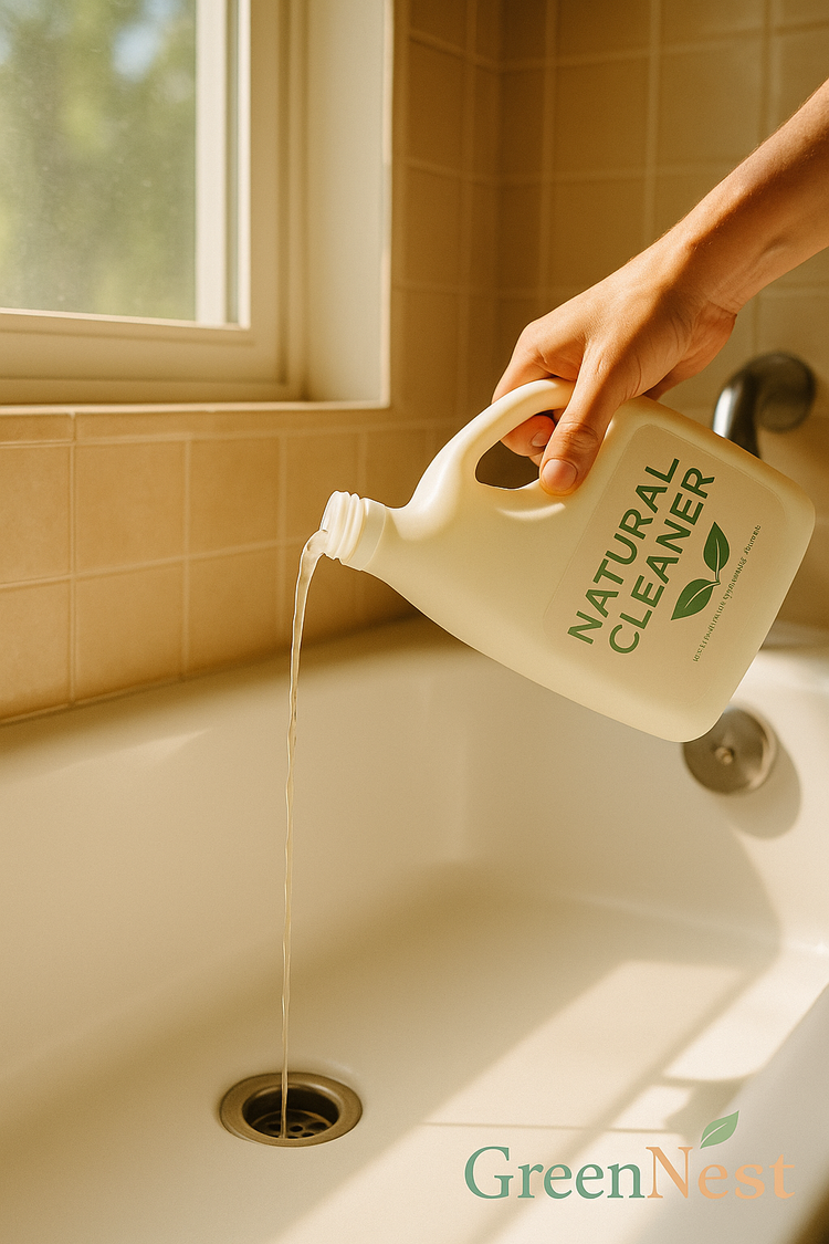 Person pouring natural eco-friendly drain cleaner into a white bathtub drain in a sunlit bathroom, with warm lighting and GreenNest branding