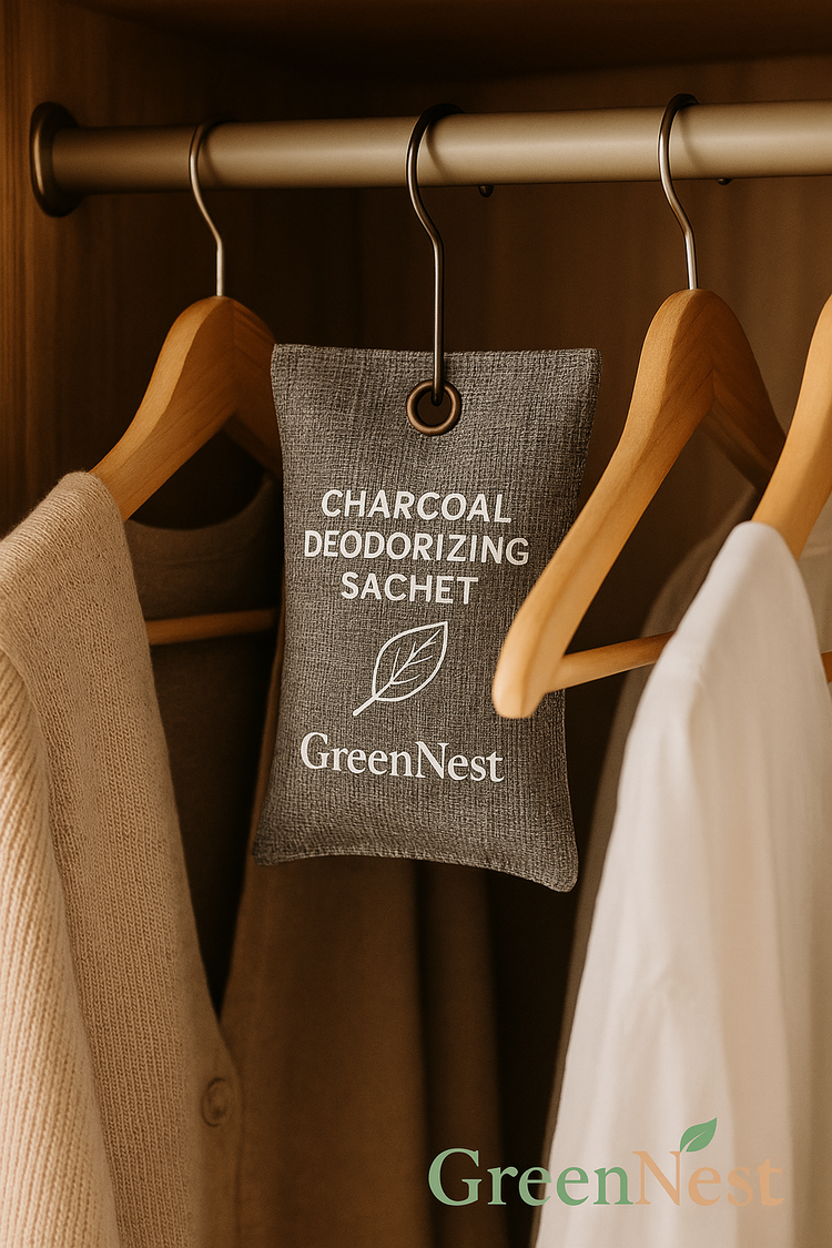 Charcoal deodorizing sachet hanging inside a wardrobe among neutral-toned clothes on wooden hangers, featuring GreenNest branding for natural odor control