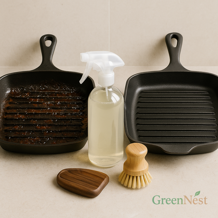 Side-by-side comparison of a greasy grill pan and a clean cast iron pan with a plant-based degreaser spray and bamboo scrub brush, highlighting natural kitchen grease removal.