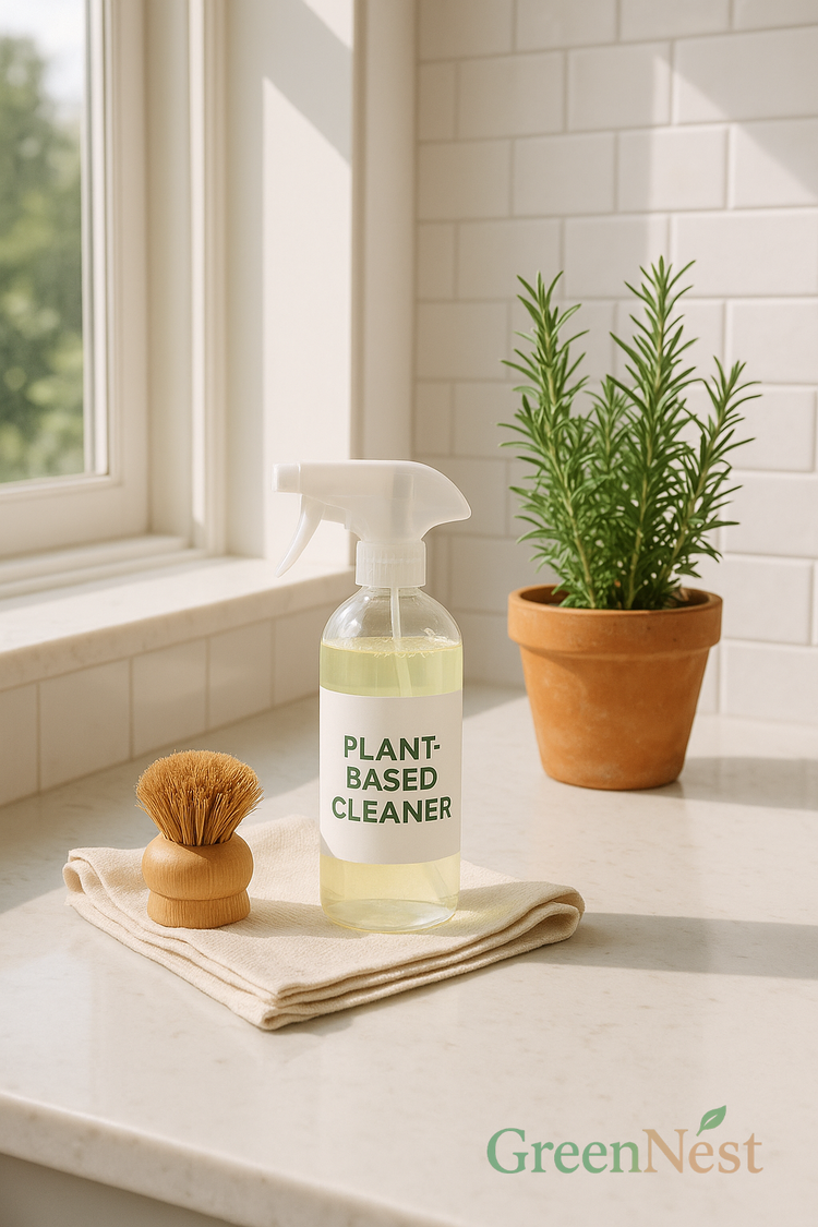 Eco-friendly kitchen scene with a plant-based cleaner spray, bamboo scrub brush, and herb plant on a sunlit countertop, promoting non-toxic, surface-safe cleaning.