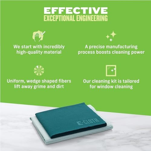 E-Cloth 2-Pack Window Cleaning Cloth - Streak-Free Glass & Mirror Cleaning Kit with Just Water, Glass Cleaning Cloth, Microfiber Towel Kit for Windows, Car Windshield, Mirrors - Winter Green