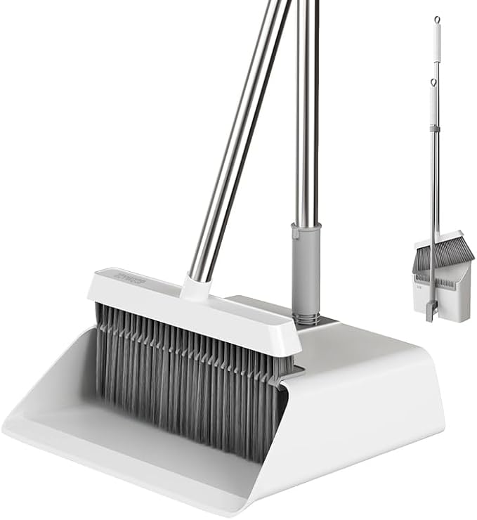 JOYMOOP Broom and Dustpan Set, Upright Standing Brooms for Sweeping Indoor, Light Weight Stainless Steel can be Hung on The Wall, Suitable for Pet Hair, Carpet, Floor