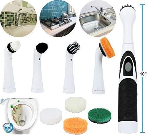 Greenco Electric Scrub Brush with 4 Replaceable Brush Attachment Heads, Electric Cleaning Brush Scrubber, Spin Scrubber, Bathroom and Grout Auto Power Scrubber, New and Improved Version