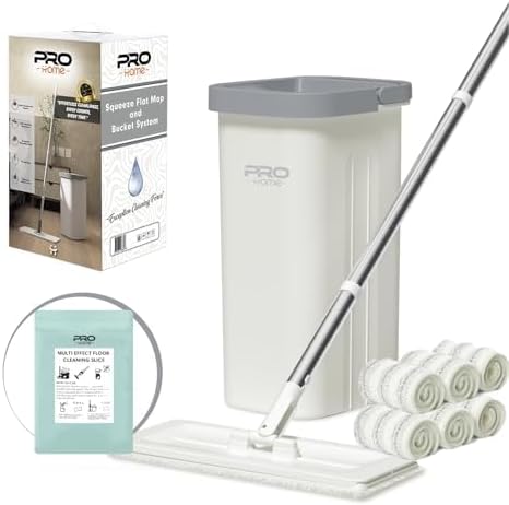 Mop and Bucket with Wringer Set, Flat Mop and Bucket System with 6 Reusable Microfiber Mop Pads, Wet and Dry Use, Floor/Wall Cleaner with 60 Inches Handle