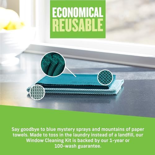 E-Cloth 2-Pack Window Cleaning Cloth - Streak-Free Glass & Mirror Cleaning Kit with Just Water, Glass Cleaning Cloth, Microfiber Towel Kit for Windows, Car Windshield, Mirrors - Winter Green