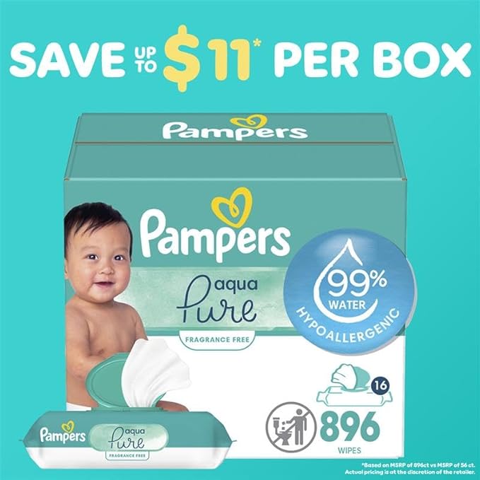 Pampers Baby Wipes Aqua Pure, 99% water-based wipes, Hypoallergenic and Unscented Baby Wipes, 672 Wipes Total (12 Flip-Top Packs)
