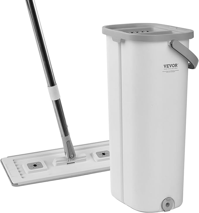 VEVOR Mop and Bucket with Wringer Set, Wet & Dry Use, Flat Mop and Bucket System with 3 Washable Microfiber Pads, Flat Mop with Stainless Steel Handle, Mop Bucket Set for Hardwood Tile Vinyl