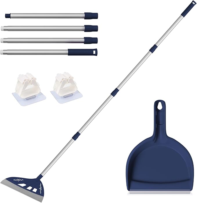 Magic Air Broom with Dustpan, Multifunction Magic Broom and Fixed Scraper, Household Floor Squeegee with Extra-Long Adjustable Aluminum Handle for Floor, Glass, and Tile (Blue)