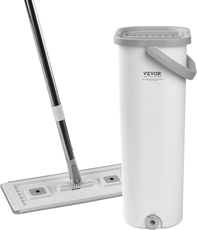VEVOR Mop and Bucket with Wringer Set, Wet & Dry Use, Flat Mop and Bucket System with 3 Washable Microfiber Pads, Flat Mop with Stainless Steel Handle, Mop Bucket Set for Hardwood Tile Vinyl