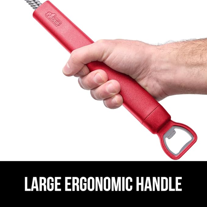 GORILLA GRIP Heavy Duty No Bristle Triple Helix Grill Brush with Scraper for Outdoor Grills, Safe Steam Cleaning, Oversized Comfortable Handle Grip with Bottle Opener, BBQ Tools, 17.5 Inch, Red
