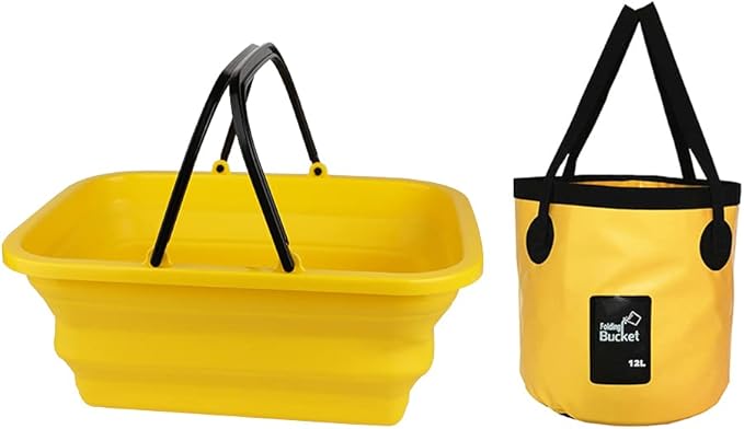 2 Pack Camping Collapsible Bucket with 3 Gal/12L, Foldable Wash Basin for Washing Dishes Yellow
