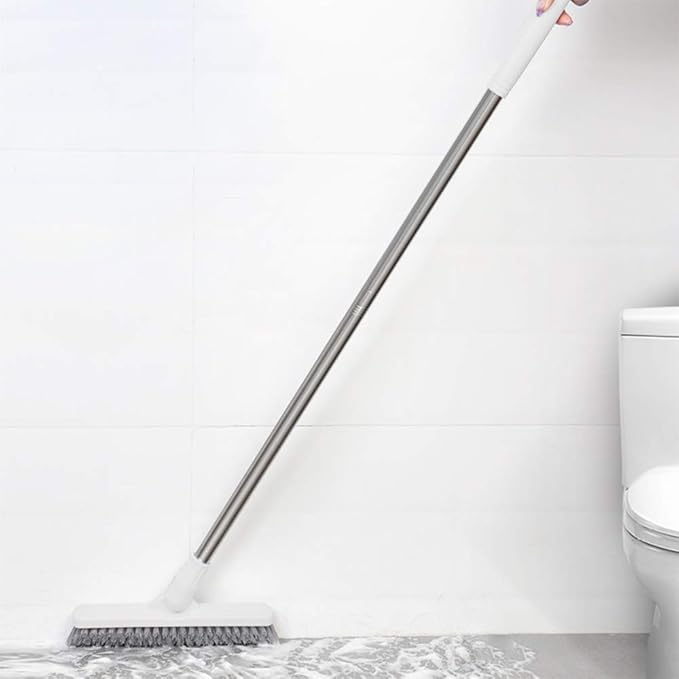 Affogato Floor Scrub Brush Bathroom Long Handle Bathtub Push Broom Shower Tile Grout Scrubber Rotatable Indoor Kitchen Scrubbing Cleaning Brush for Hard to Reach Areas - White