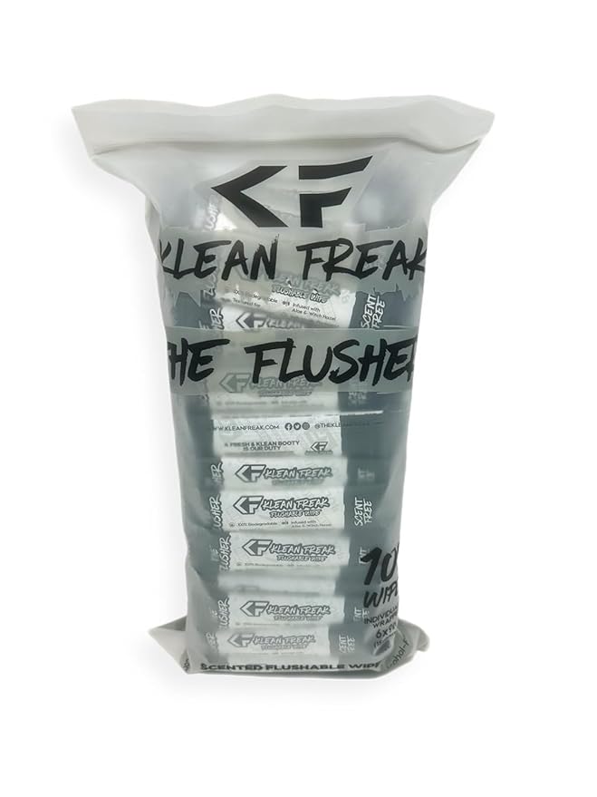 THE KLEAN FREAK FLUSHER - 100 Pack FLUSHABLE WIPES Flushable Wipes For Adults & Kids Unscented/Scented - 100% BIODEGRADABLE Individual Wrapped Travel WET Wipe for Toilet - Scent Free