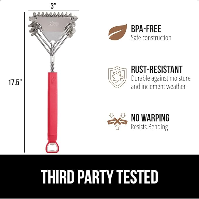GORILLA GRIP Heavy Duty No Bristle Triple Helix Grill Brush with Scraper for Outdoor Grills, Safe Steam Cleaning, Oversized Comfortable Handle Grip with Bottle Opener, BBQ Tools, 17.5 Inch, Red