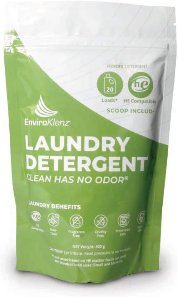 EnviroKlenz Unscented Powder Laundry Detergent, 20 Loads | Removes Odors and Stains | Hypoallergenic and Gentle on Skin | Non-Toxic & Fragrance-Free | Patented Odor Fighting Technology