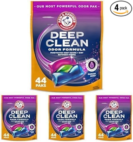 ARM & HAMMER™ Deep Clean Odor Formula Laundry Detergent Power Paks, Laundry Odor Remover, Radiant Burst Scent, 44 Count, 44 Loads (Pack of 4)