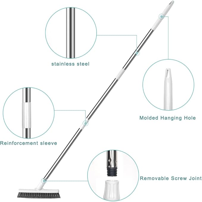 Affogato Floor Scrub Brush Bathroom Long Handle Bathtub Push Broom Shower Tile Grout Scrubber Rotatable Indoor Kitchen Crevice Cleaning Brush for Hard to Reach Areas - White 46.8inches Lengthen