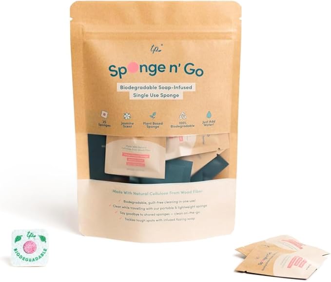 Sponge n' Go: Mini Travel Dish Soap & Sponges | Biodegradable, Soap-Infused, Single-Use Cellulose Compressed Sponges | Your On-The-Go Cleaning Companion for Trips, Camps, Work (Pack 30)