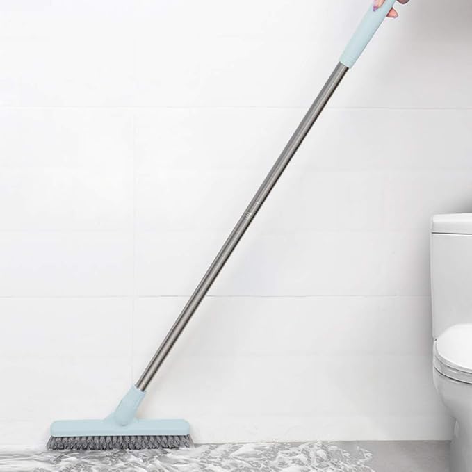 Affogato Floor Scrub Brush Bathroom Long Handle Bathtub Push Broom Shower Tile Grout Scrubber Rotatable Indoor Kitchen Scrubbing Cleaning Brush for Hard to Reach Areas - Light Blue