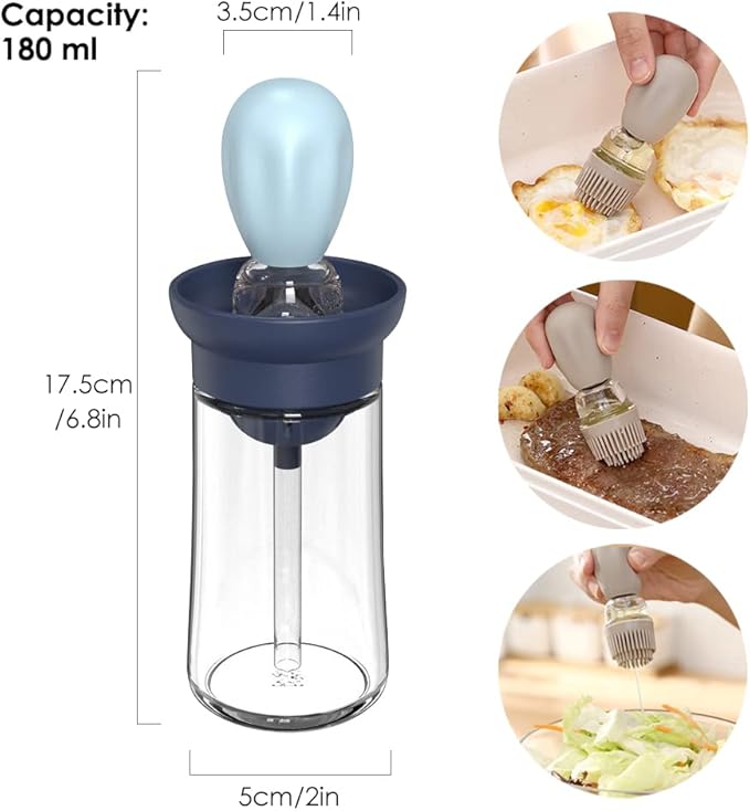 Oil Dispenser with Brush - 2 Pack Glass Olive Oil Dispenser Bottle with Basting Brush for Cooking Frying Baking Kitchen 180ml, T-OB21 Blue