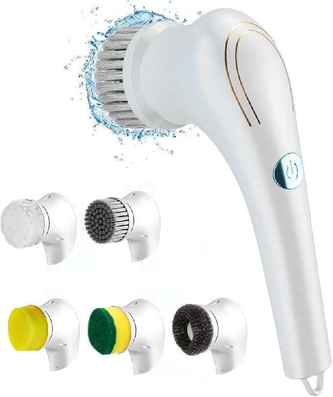 OBEST Electric Spin Scrubber,Cordless Electric Shower Scrubber with 5 Replaceable Shower Cleaning Brush Heads,Rechargeable for Cleaning Tub,Tile,Floor,Sink,Window,Stove (White)