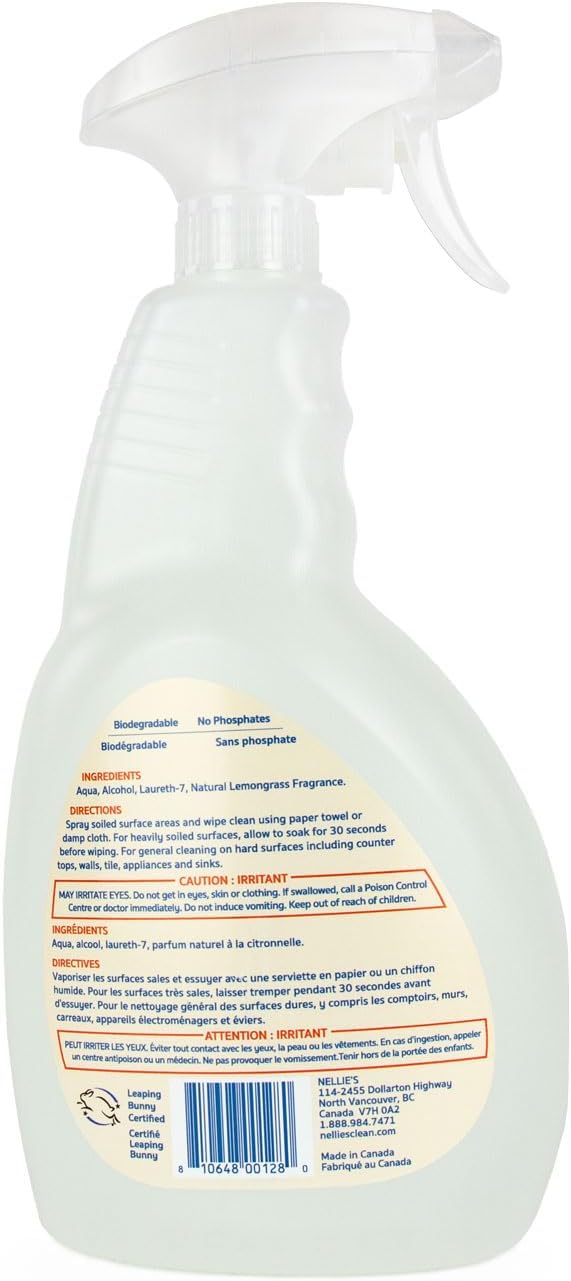 Nellie's All-Purpose Cleaner - Plant-Based Multi-Purpose Cleaner - Biodegradable, Leaping Bunny Certified, and Eco-Friendly - Lemongrass Scent (24 fl oz) - (Made in Canada)