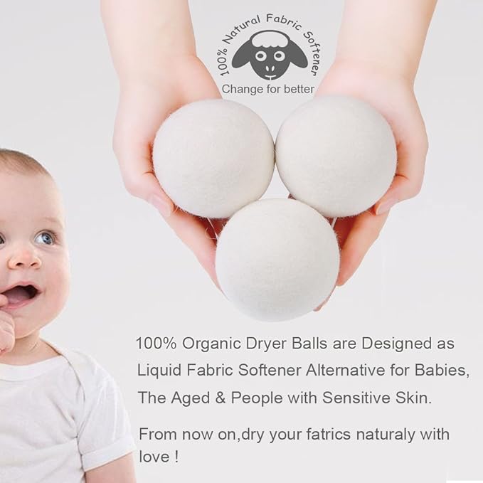 Wool Dryer Balls Organic XL 6-Pack, 100% New Zealand Chemical Free Fabric Softener for 1000+ Loads, Baby Safe & Hypoallergenic, Reduce Wrinkles & Shorten Drying Time Naturally