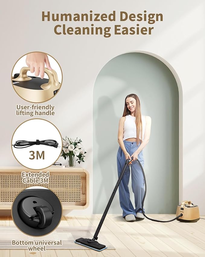 Steam Cleaner with 21 Accessories, 5 Minutes Fast Heating, Multipurpose Portable Canister Steamer for Floors, Carpet, Cars, Tiles, Grout Cleaning, Chemical-Free, 1.5L Capacity