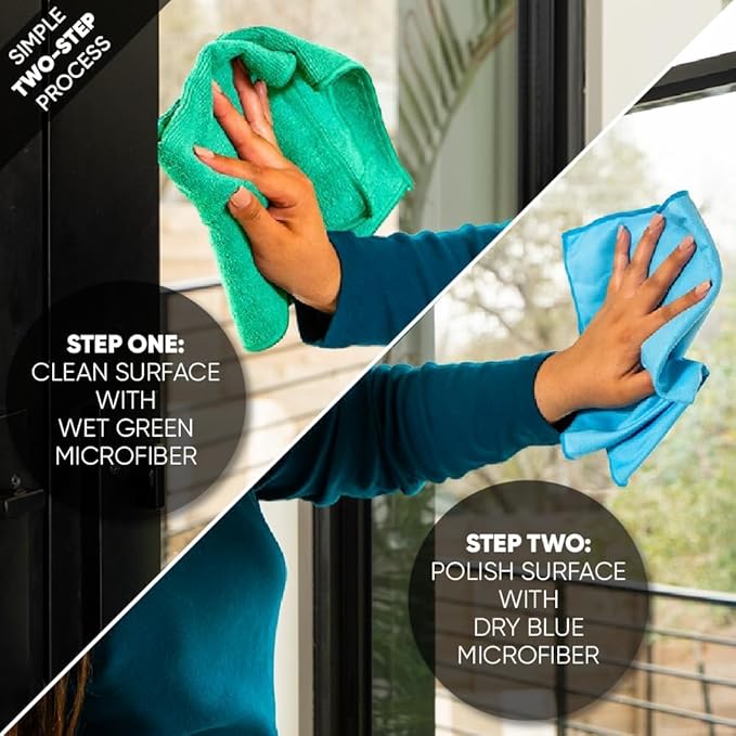 Microfiber Glass Cleaning Cloths | Streak Free Windows & Mirrors | Lint Free Towels | Car Windows Wipes | Polishing Rags | Machine Wash- 8 Pack (Green 2 Pack, Blue 6 Pack)