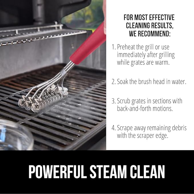GORILLA GRIP Heavy Duty No Bristle Triple Helix Grill Brush with Scraper for Outdoor Grills, Safe Steam Cleaning, Oversized Comfortable Handle Grip with Bottle Opener, BBQ Tools, 17.5 Inch, Red