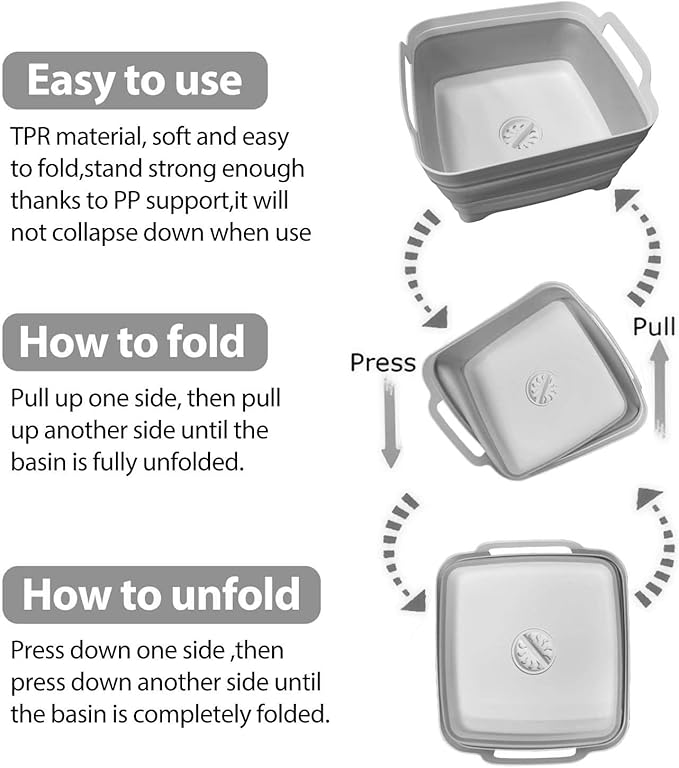 Ikaufen Dishpan for Washing Dishes, 9L (2.4Gallon) Collapsible Wash Basin with Drain Plug Carry Handles, Collapsible Bucket for Cleaning, Vegetable Washing, RV(Grey)