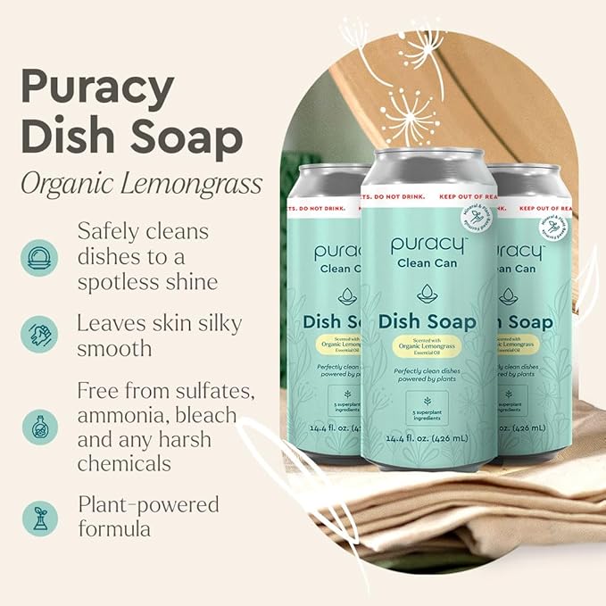Puracy Natural Dish Soap Clean Can Refill - Plant-Based Dishwashing Soap, Non-Toxic Dish Soap, Natural Liquid Dishwashing Detergent Soap As Seen on TikTok (Organic Lemongrass, 14.4 fl oz, 3 Pack)
