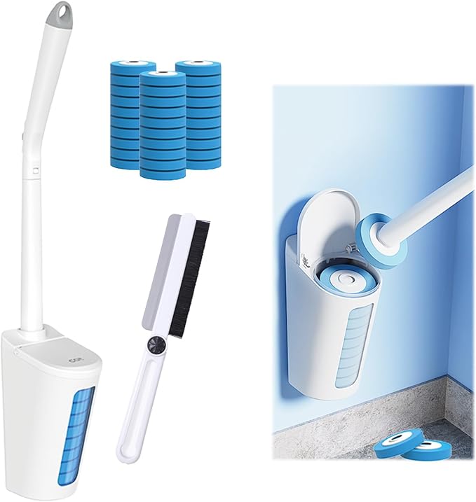 Disposable Toilet Bowl Cleaner Wand Set - Automatic Opening, Storage Box, 30 Refills, Silicone Brush, RV Toilet Bowl (Blue)