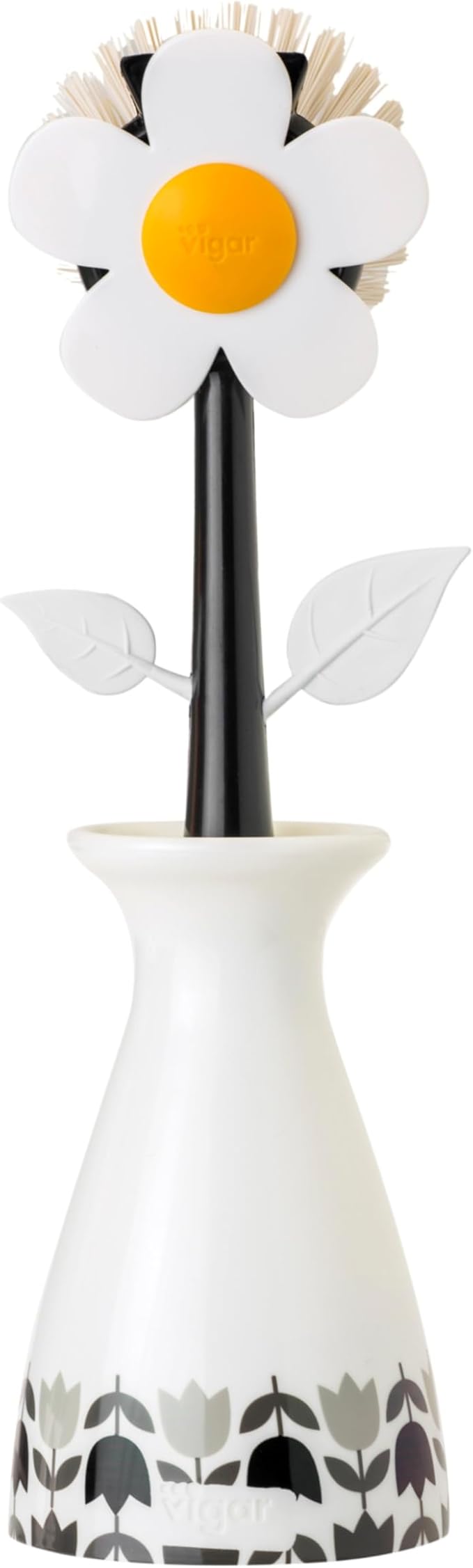 Vigar Flower Power Dish Brush with Vase Brush Holder, Dish Brush with Handle for Pot Scrubber, Dishes, Sink, and Kitchen Essentials, White, Black