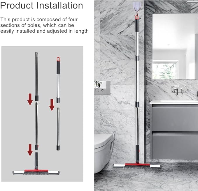 Floor Squeegee Scrubber Shower Squeegee with Grout Brush.14 Squeegee Broom and 55" Stainless Steel Handle for Floor,Glass,Garage,Window,Shower Floor,Bathroom,Kitchen, Wall,Tile (RED)