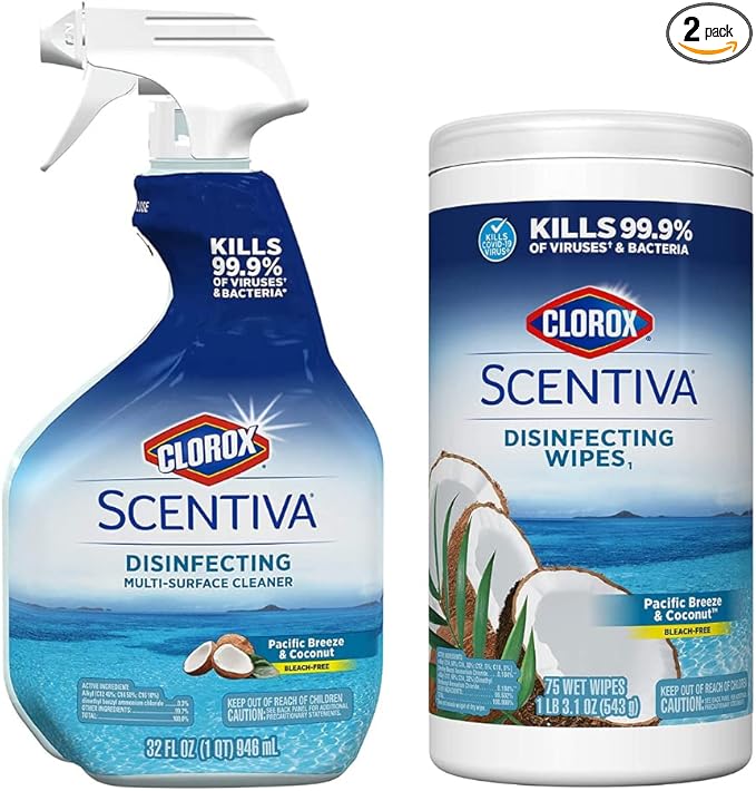 Clorox Scentiva Disinfecting Multi-Surface Cleaner Spray & Disinfecting Wipes, Pacific Breeze & Coconut Scent - Bundle of 2 Items