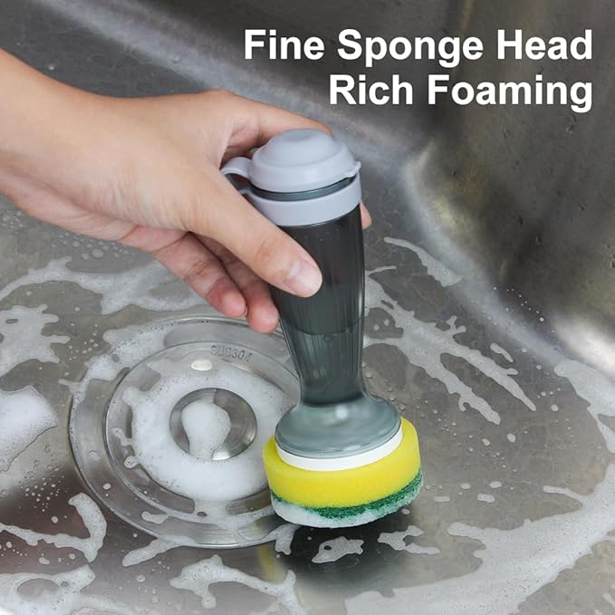 CQT Dish Brush with Soap Dispenser for Dishes, Kitchen Sink, Pot, Pan Scrubbing, 1 Brush 2 Refills