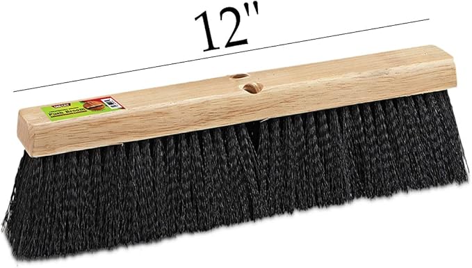 Black Indoor Push Broom Head – Heavy Duty Hardwood Block – Polypropylene Bristles – Deck Scrub Brush – Two Threaded Handle Holes for Better Assist (12")