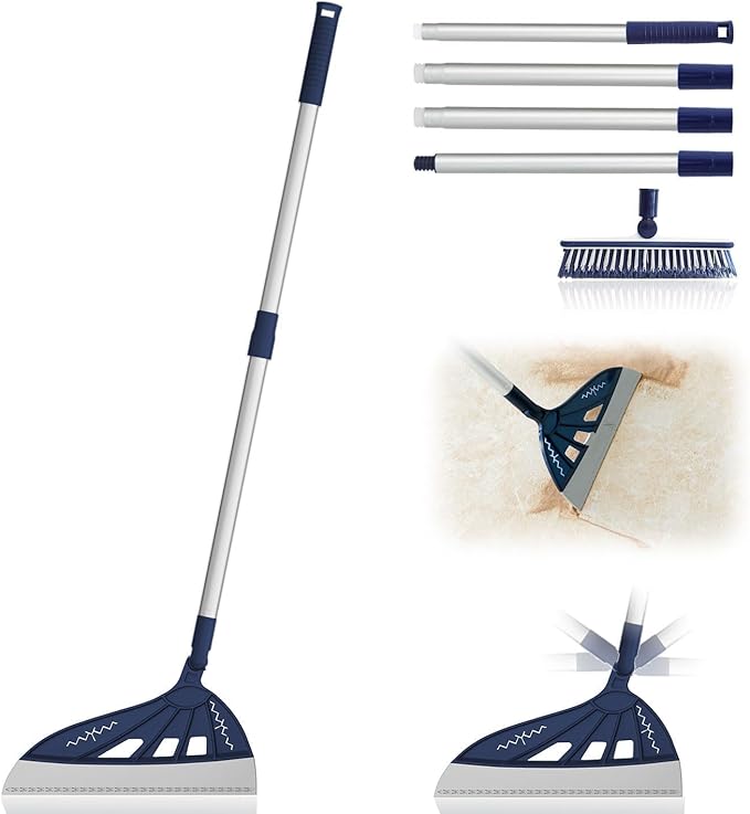 Magic Air Broom with V-Shape Brush, 2 in 1 180° Adjustable Silicone Broom for Floor Cleaning, 60” Long Handle Squeegee Sets to Clean pet Hair, Ketchup, Glass Shards (Blue)