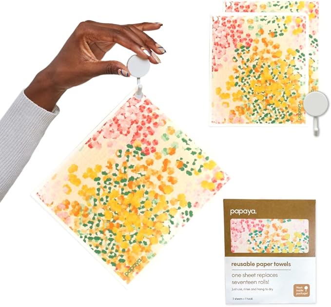 Papaya Reusable Paper Towels 2-Pack - 2 Sheets + 1 Hooks, Quick Drying, No Odor, 1 Sheet Replaces 17 Rolls, Washable Kitchen Cloth, Sustainable Dish Sponge, Eco Friendly Gift