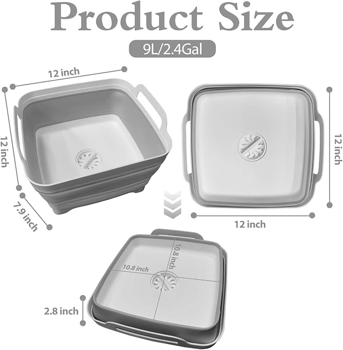 Ikaufen Dishpan for Washing Dishes, 9L (2.4Gallon) Collapsible Wash Basin with Drain Plug Carry Handles, Collapsible Bucket for Cleaning, Vegetable Washing, RV(Grey)