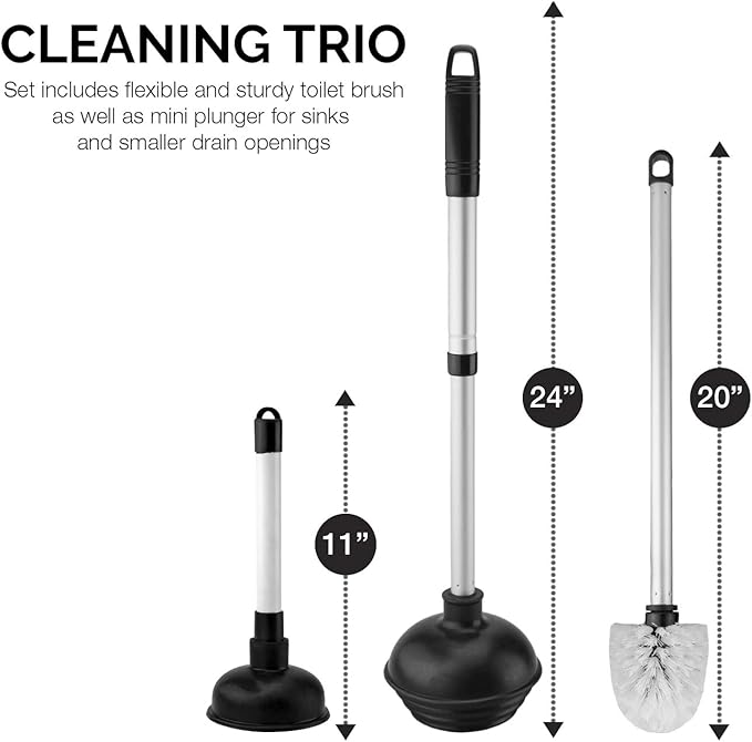 NEIKO 60168A Toilet Plunger Set, 4 Piece, Bonus Mini Sink & Drain Plunger, Toilet Bowl Brush & Caddy, Patented All-Angle Design, Telescopic Aluminum Handle, Bathroom Toilet Brush and Plunger Set