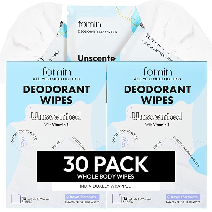 FOMIN Travel Deodorant Wipes - 30 Count - Unscented - pH Balanced, Hypoallergenic Mini Deodorant Wipes For Women and Men - Plastic-Free, Individually Wrapped Underarm & Body Wipes