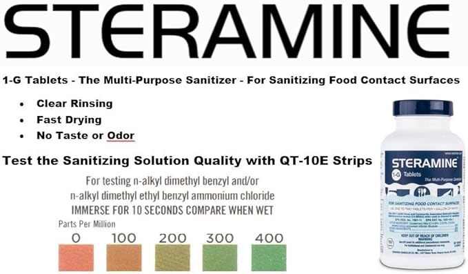 2 Bottles Steramine Tablet, Steramine Sanitizer Tablet w/ 15 QT-10 Test Strip for Food Service, Multi Purpose Sanitizing Tab for Food Contact Surface, Kitchen & Restaurant by FryOilSaver Co. (300 Tab)