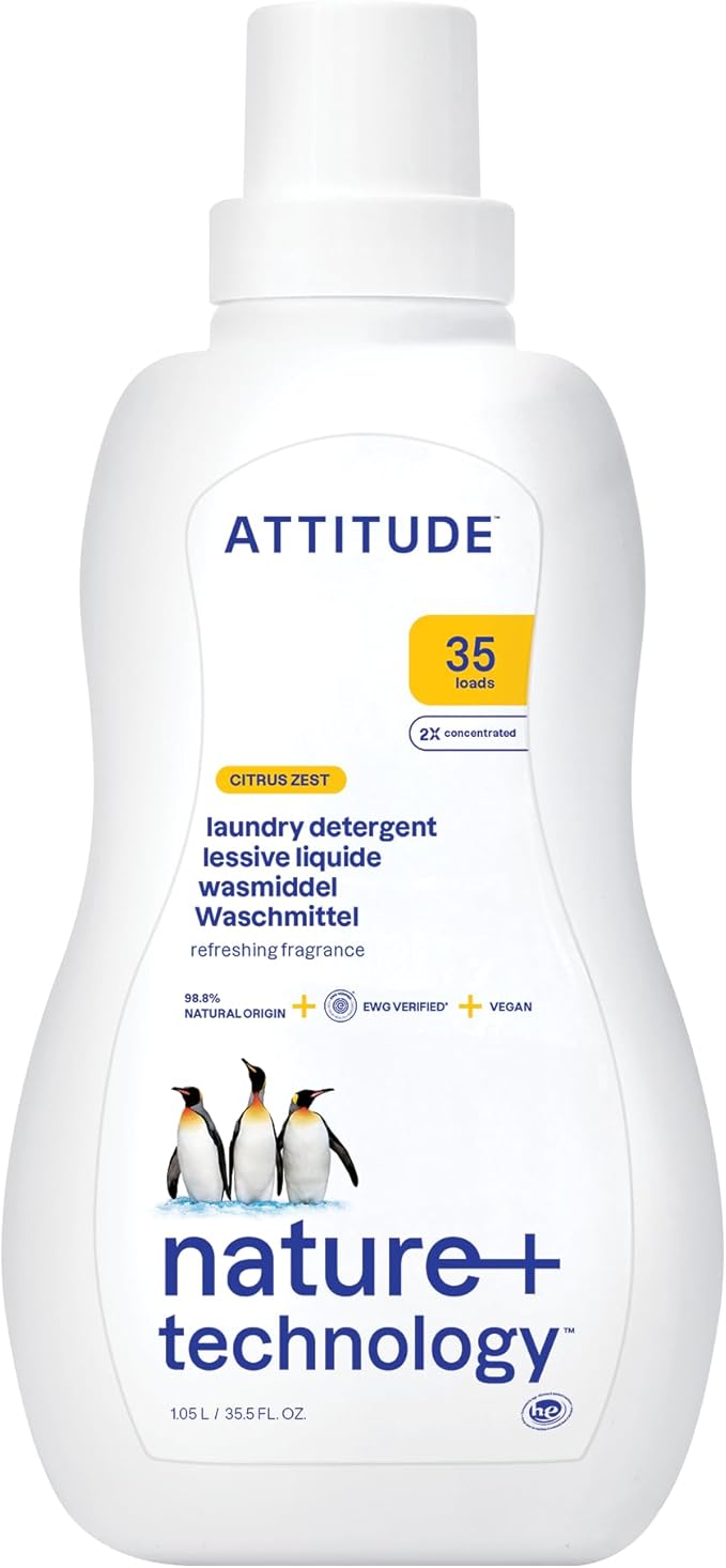 ATTITUDE Liquid Laundry Detergent, EWG Verified Laundry Soap, HE Compatible, Vegan and Plant Based Products, Cruelty-Free, Citrus Zest, 35 Loads, 35.5 Fl Oz