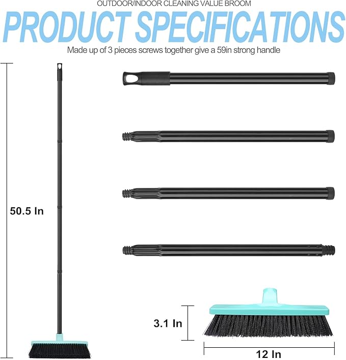 Push Broom Stiff Bristles Outdoor Broom with 51" Long Handle for Cleaning Scrubbing Deck Driveway Yard Patio Garage Concrete Wood Stone Tile Multi-Surface Floor