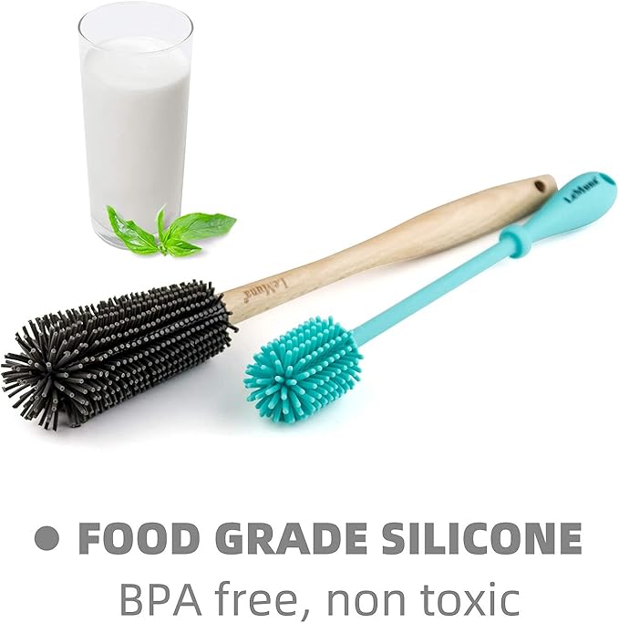 LeMuna Silicone Bottle Brushes Set (Including 1 Wooden Handle Water Bottle Cleaner Brush, 1 Silicone Brush & 1 Straw Brush) for Hydro Flask, Sports Bottle, Glassware