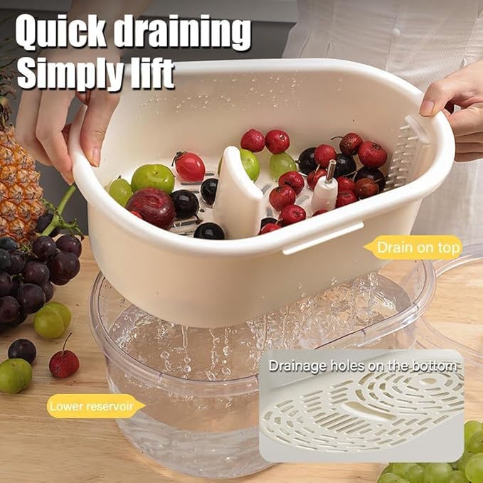 2025 New Fruit Cleaner Spinner, Large Multifunctional Vegetable Washer Bowl with Brush, Fruit Scrubber for Home Kitchen (White)
